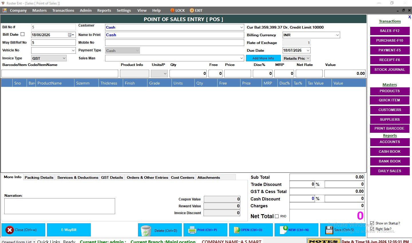 Roster Windows desktop GST billing software